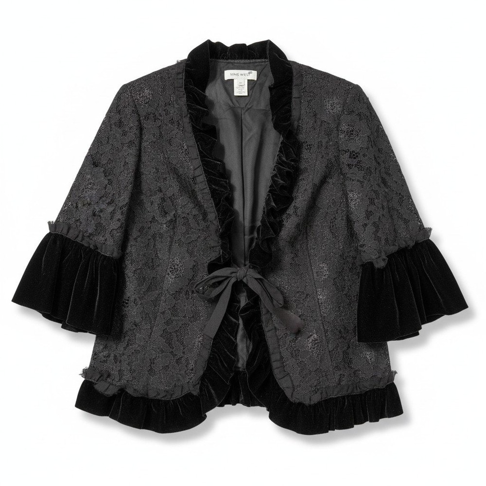 Nine West Black Lace Velvet Ruffle Jacket Open Front Tie Floral romantic Large - Picture 2 of 9